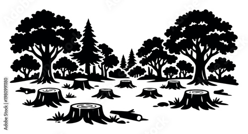 Forest showing numerous tree stumps and fallen logs in a clear-cut area, highlighting the concept of deforestation and logging