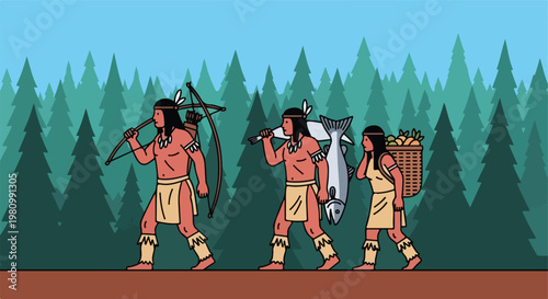 Indigenous trio carrying caught fish and harvested fruit through a pine forest