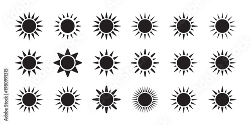 Diverse collection of sun icons variations symbols for sunrise sunset daytime and weather with transparent background.