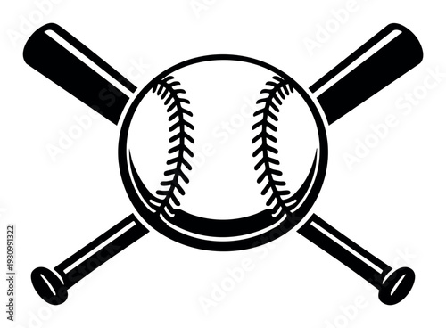 Baseball and two crossed bats creating a classic sports emblem or logo concept, symbolizing athletic games and leagues