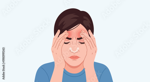 Illustration of a woman suffering from a severe migraine and forehead pressure