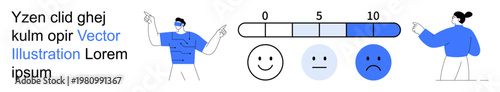 Feedback, user experience, satisfaction evaluation, mental health tracking, business assessment, mood. happy faces, scale bar characters pointing. Feedback and user experience concept
