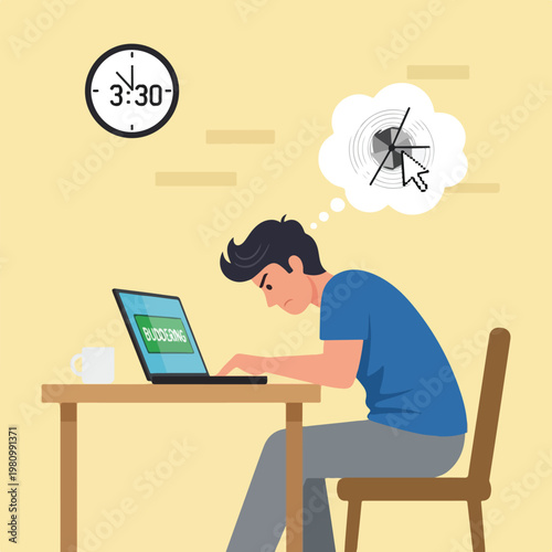 Frustrated man sitting at a desk working late on a laptop with buffering issues