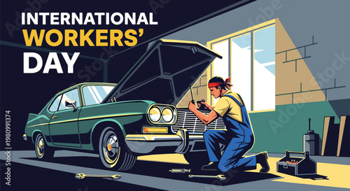 Flat style illustration of mechanic repairing car in garage with tools, highlighting Labor Day and International Workers Day appreciation for skilled trades and technical workers