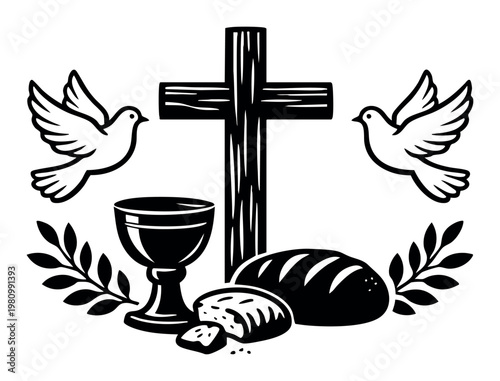 Christian symbols depicting holy communion, faith, and peace, featuring a wooden cross, chalice, whole and broken bread, and two doves