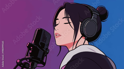 Young Woman Singing with Microphone and Headphones