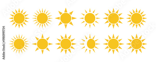 Collection of ten yellow sun icons with eight pointed rays on transparent background.