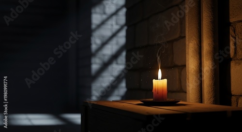 Single lit wax candle with rising smoke on wooden table against rustic stone wall in dark atmospheric room with dramatic side lighting