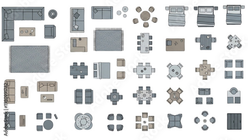 Various vector 2D CAD architectural elements and furniture pieces are arranged on a clean surface