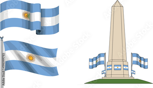 Argentina Flag and Obelisco Monument Set with National Emblem in a Vector Illustration for Digital Media and Web Designs