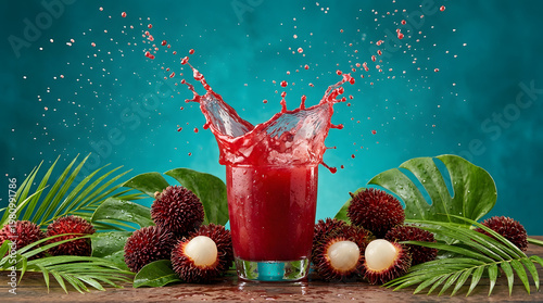 A refreshing glass of red juice surrounded by rambutan fruits and tropical leaves