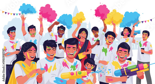 Joyful group celebrating Holi festival with colorful powders and water guns