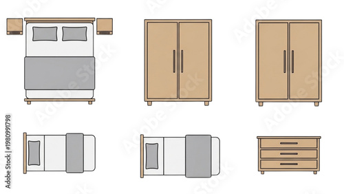 Vector 2D CAD furniture designs showcase bedroom storage and layout