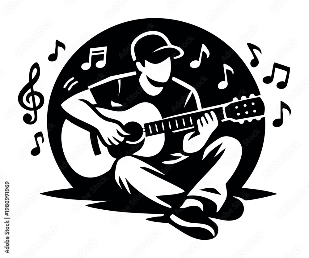 Fototapeta premium Musician strumming an acoustic guitar, surrounded by musical notes that symbolize artistic expression, innovation, and enjoyment
