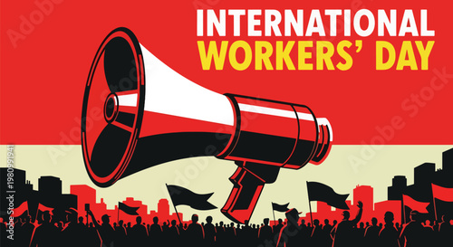 Flat style illustration of megaphone and protest signs in urban street with crowd, representing Labor Day and International Workers Day advocacy for rights and fair working conditions