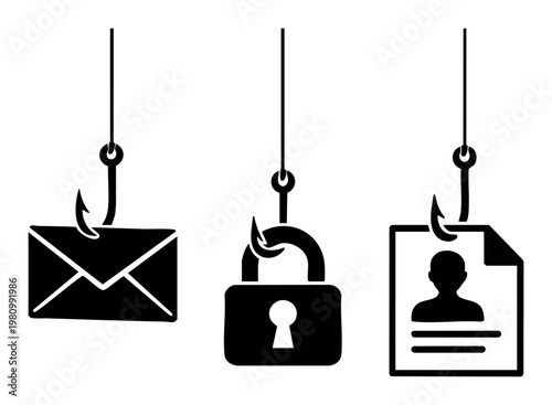 Cyber attack and hacking concept showing fishing hooks attempting to lure email, secured padlock and user information document