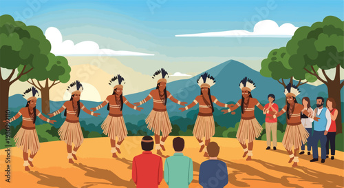 Indigenous group performs tribal ritual dance for tourists in mountain landscape