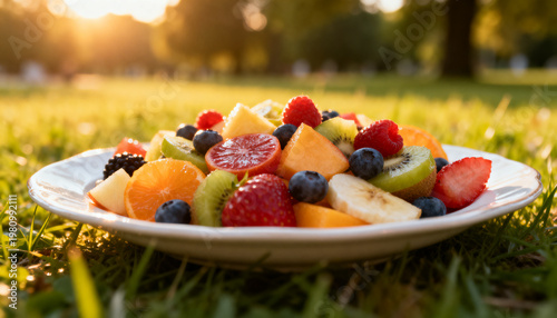 A vibrant fruit salad arranged artfully on a white ceramic plate, bathed in the warm sunlight of a summer afternoon picnic in a park