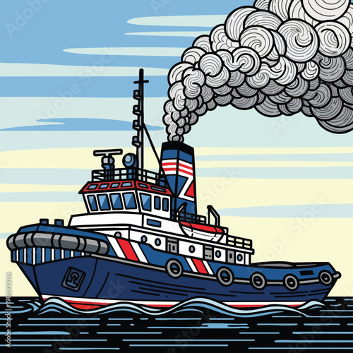 Colorful Tugboat Navigating Calm Waters with Smokestacks Emitting Smoke