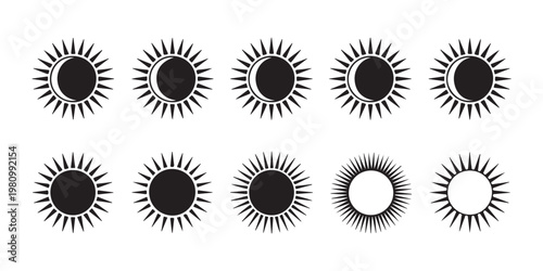 Sun and moon vector set. sun and crescent moon icons. black color with transparent background.