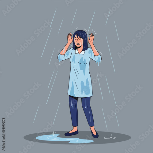 Sad woman standing in a heavy downpour soaking wet looking worried and stressed