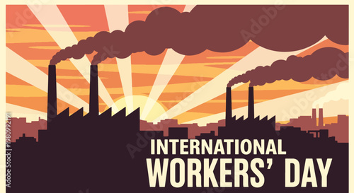 Flat style illustration of factory skyline with smoke and sunset sky, representing International Workers Day industry, labor contribution, and economic development