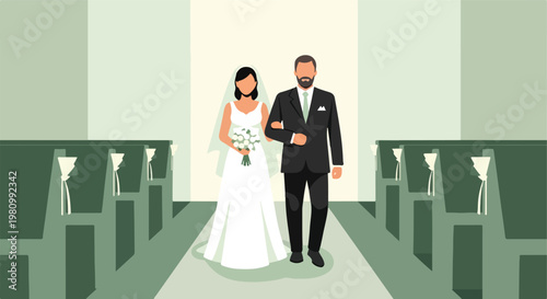 Flat vector of a bride and groom walking down a church aisle after the ceremony