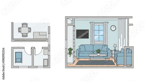 Vector 2D CAD drawing of a modern living room interior design and floor plan