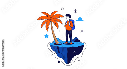 Minimalist flat vector of a traveler on a floating tropical island