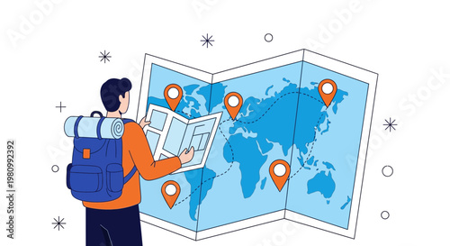 Backpacker traveler planning trip with large world map and pins