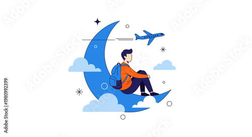 Man Sitting on Crescent Moon Watching Airplane Flat Vector