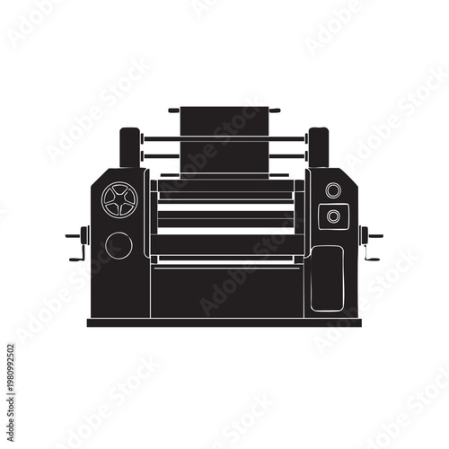 Industrial printing machine black silhouette on white background, large format printing technology, offset press equipment for commercial production, printshop machinery, graphic design industry.