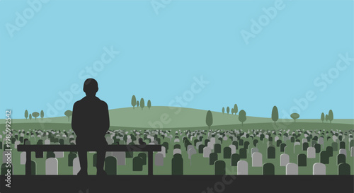 Silhouette of a man sitting on a bench overlooking a vast field of tombstones