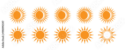 Sun and moon phases vector set. sun and crescent icons. orange outlines and transparent background.