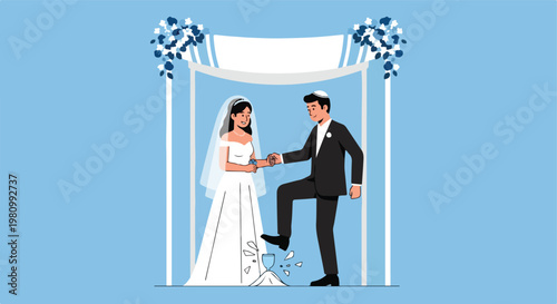 Jewish wedding couple under floral chuppah as groom breaks a glass with his foot