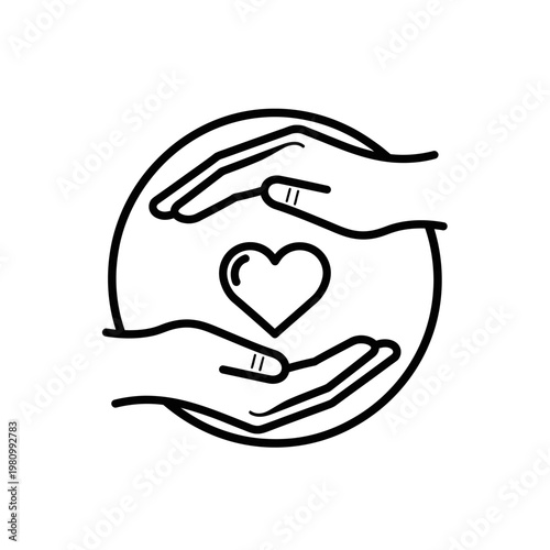 Hands protect heart symbol, care and love icon, charity and support concept, line art