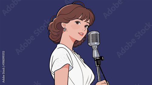 Vintage Woman Singing with Retro Microphone