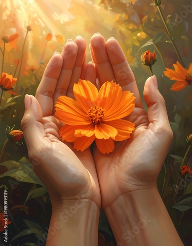 A pair of hands cradling an orange flower