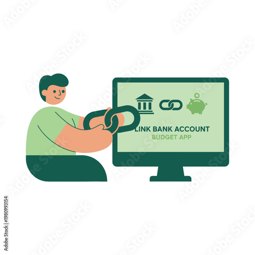 Cartoon Person Linking Bank Account Online.