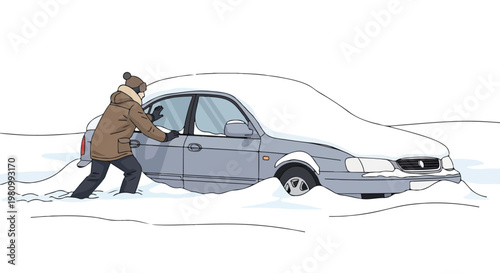 Illustration of a man pushing a car stuck in deep white snow during cold winter