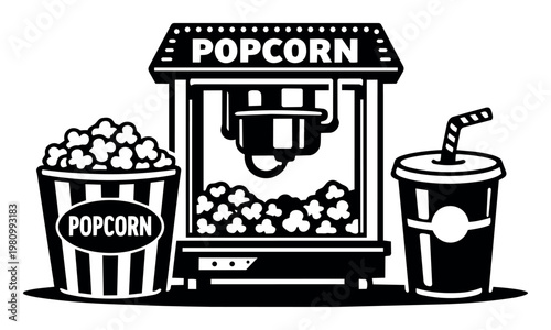Popcorn machine making fresh popcorn into a striped bucket, next to a refreshing drink with a straw, representing cinema snacks