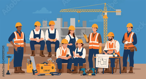 Diverse construction workers in safety gear on site with tools, plans and crane