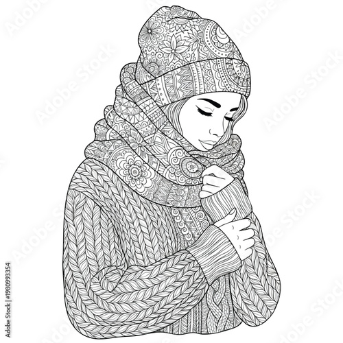 Stylish Woman Wearing a Warm Knit Beanie and Sweater in Winter Outfit