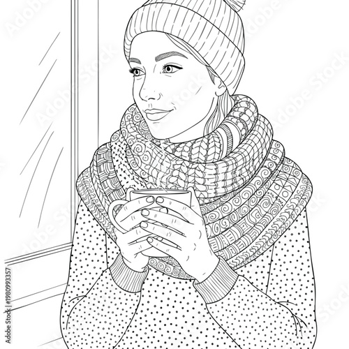 Woman Enjoying a Warm Drink in Cozy Winter Clothing