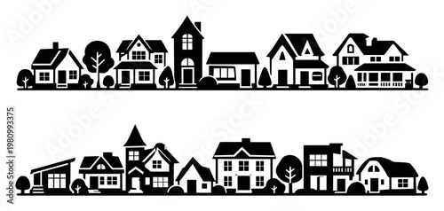Black houses and tree silhouettes line the white background, creating a picturesque suburban street scene