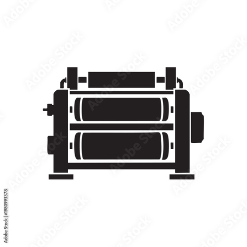 Industrial roller machine black silhouette on white background, mechanical equipment for manufacturing processes, manufacturing line tool, factory production equipment, metalworking machine.