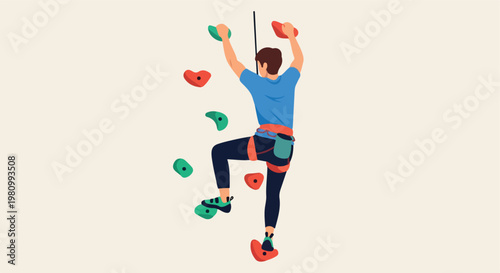 Illustration of a man rock climbing an indoor wall with colorful holds and gear