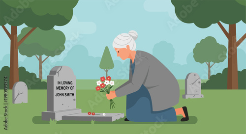 An elderly woman kneeling at a grave in a cemetery with flowers for a loved one