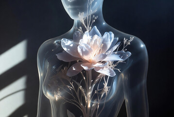 A translucent human figure is adorned with a blooming flower arrangement, suggesting an integration of nature and the body.