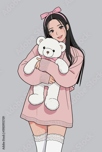 Anime Girl in Pink Sweater with White Teddy Bear